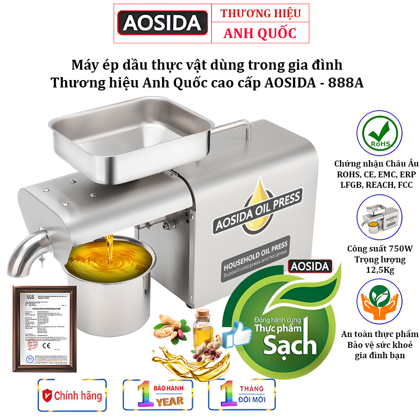 Máy ép dầu thực vật gia đình AOSIDA 888A Thương hiệu Anh Quốc 750W-1000W, ép 3-6kg/giờ - Hàng Nhập Khẩu, Bảo Hành 1 Năm