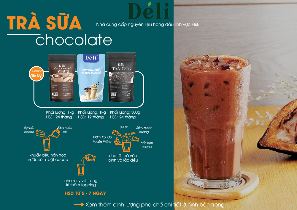 Bột pha trà sữa Déli 1kg+ Hồng trà Déli 500gr+ Bột cacao Déli 1kg HSD: 12 tháng