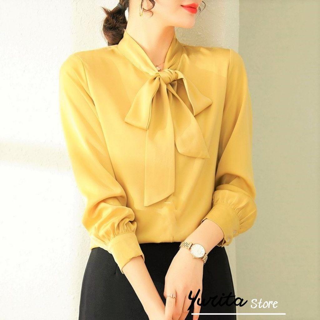 Áo Sơ Mi Kiểu Công Sở Đẹp YURITA Tay Dài Cổ Thắt Nơ Vàng Chất Lụa Cao Cấp From Rộng Hàn Quốc Ulzzang Vintage A1V