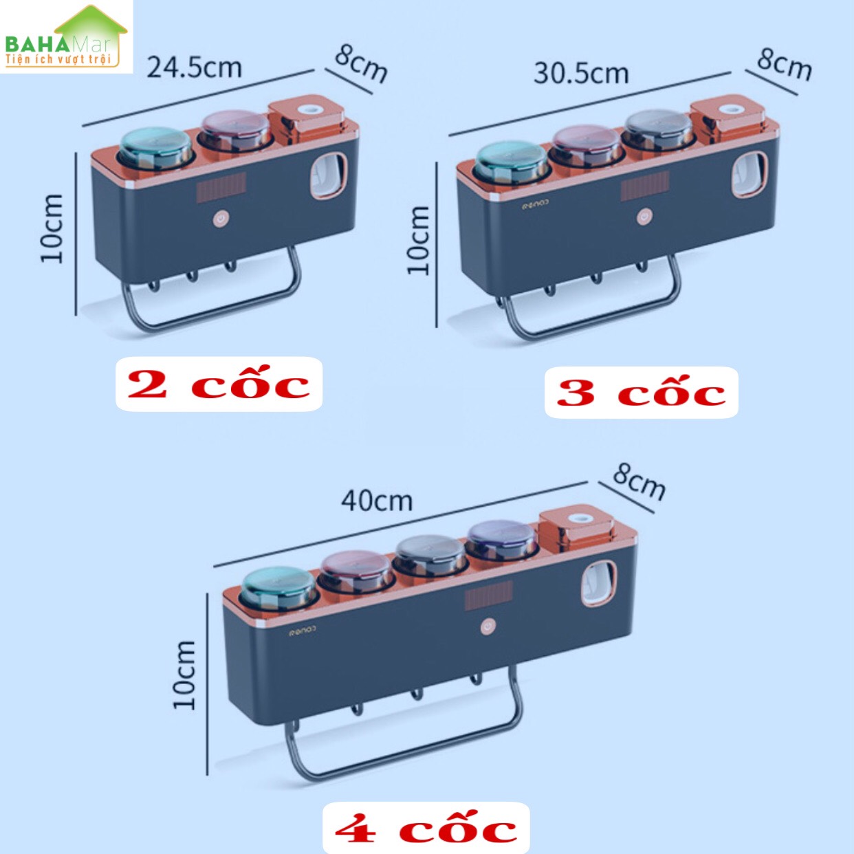 HỘP THÔNG MINH KHỬ TRÙNG BÀN CHẢI ĐÁNH RĂNG, KHĂN MẶT CÓ 3 CỐC VÀ Ô VẮT KEM ĐÁNH RĂNG (SẠC VÀ TÍCH NĂNG LƯỢNG MẶT TRỜI) "BAHAMAR" tia cực tím khử trùng và tạo ôzôn lan tỏa. bàn chải đánh răng cài từng vị trí dễ thoát nước,