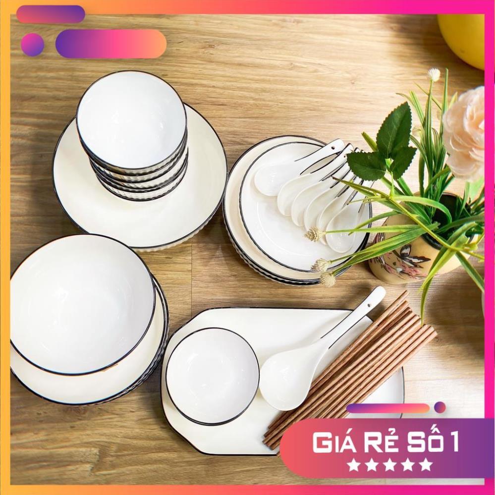 Bộ bát đĩa đẹp sang trọng màu trắng viền phong cách Phương Đông hiện đại BT-34 chi tiết