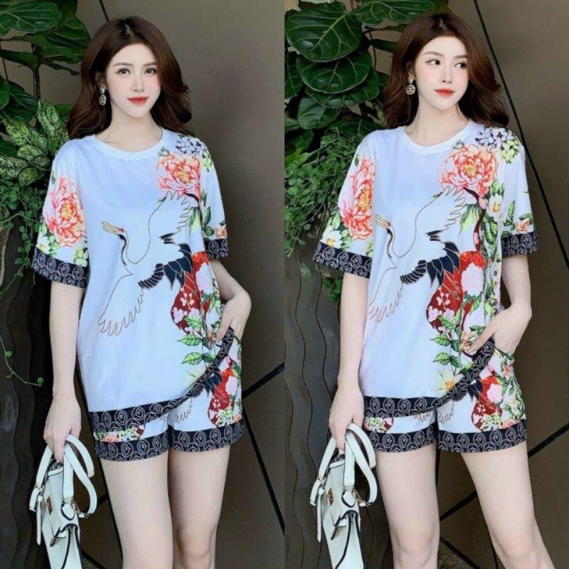 Bộ đùi nữ bigsize form rộng in họa tiết 3D hoa lá chim hạc cao cấp, sét bộ đi chơi, đồ bộ mặc nhà mùa hè mẫu mới đẹp