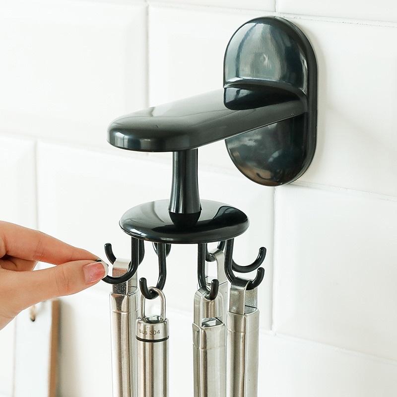 Móc treo đồ dùng nhà bếp, nhà tắm đa năng dán tường gồm 8 MÓC xoay 360 độ LOẠI DÀY XỊN- Móc dán tường nhà bếp 8 móc xoay