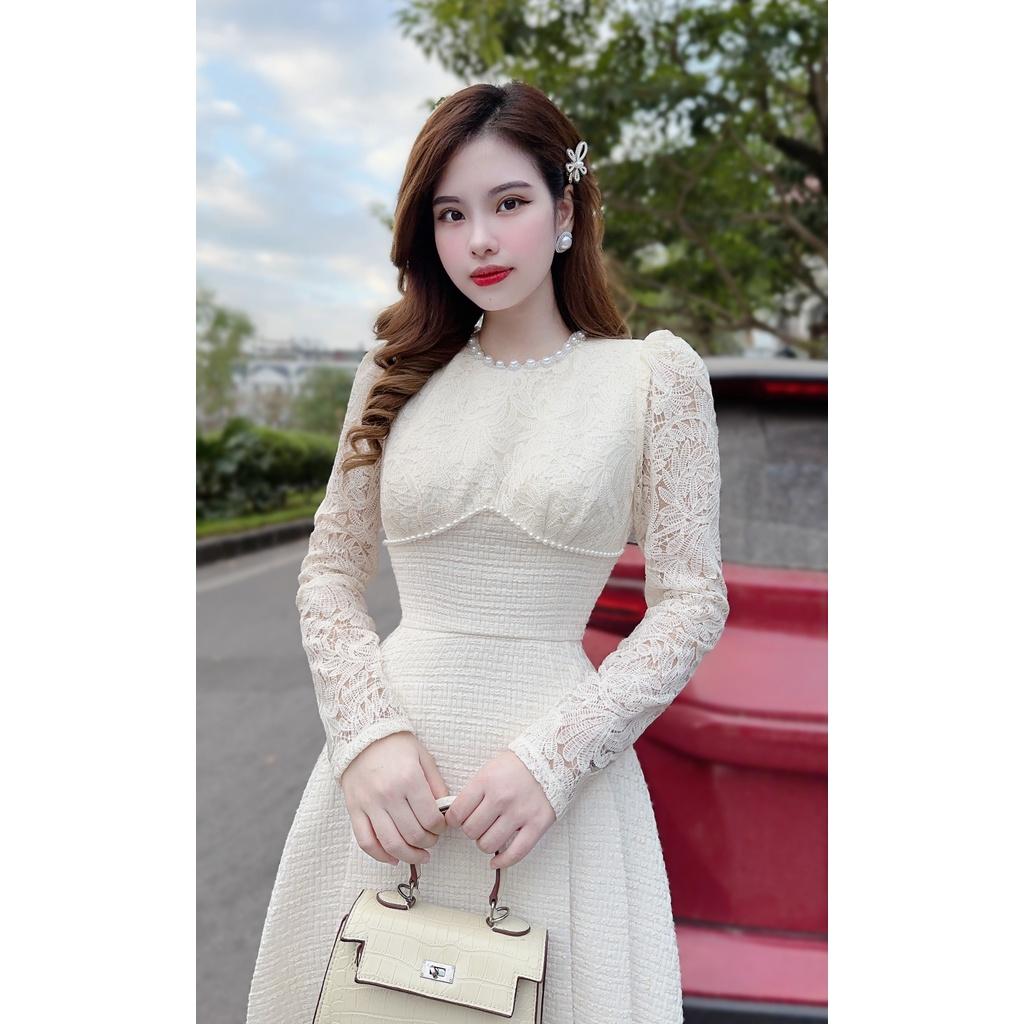 Váy Dạ Tweed Lilia Dáng A Phối Ren Đính Ngọc Màu Kem - Đầm Dạ Tweed Nữ Ấm Áp, Thanh Lịch