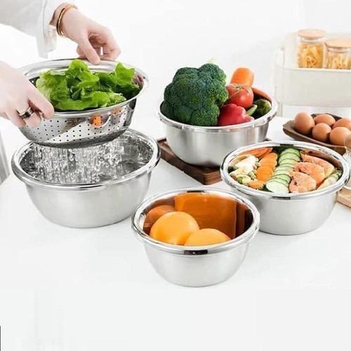 Bộ 5 thau rồ inox rửa rau củ quả, trộn salad dày dặn cho nhà bếp