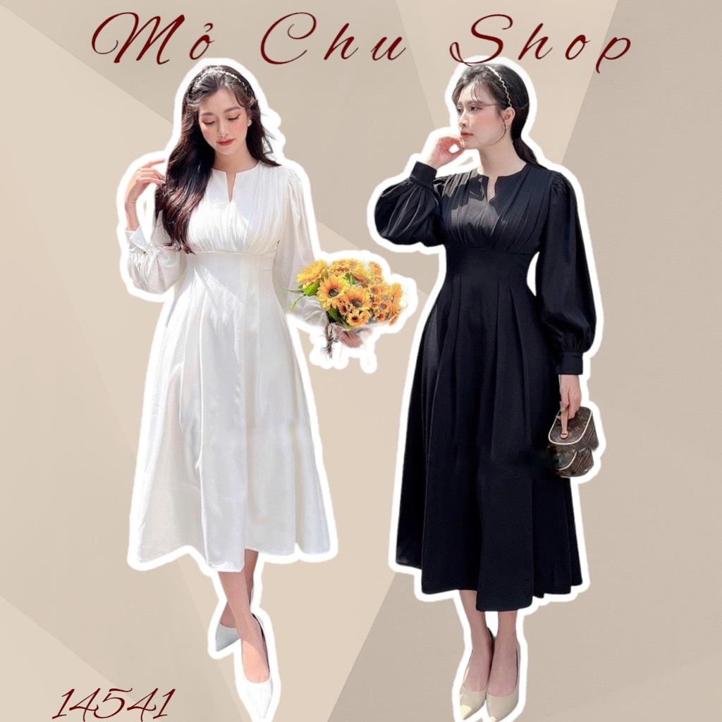 ĐẦM MIDI XẾP LI TAY DÀI CỔ XẺ