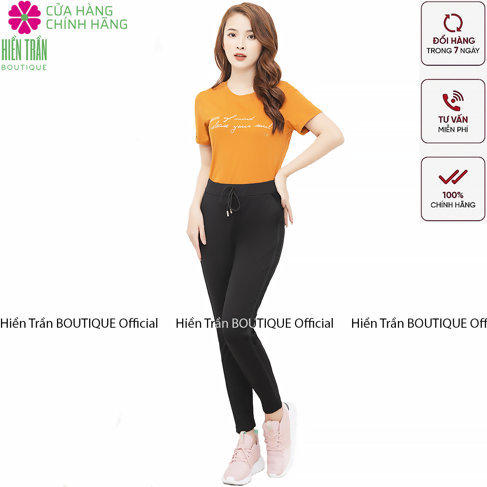 Quần jogger nữ Hiền Trần BOUTIQUE dáng dài cạp chun dây buộc, sọc kim tuyến 2 bên