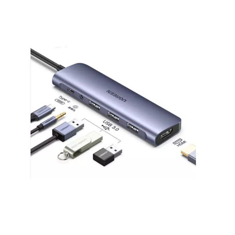 Ugreen UG80132CM136TK 100W PD + AUX 3.5mm support Mic + HDMI 4K 30hz + 3 * USB 3.0 A Bộ chuyển đổi USB type C sang 6 trong 1 màu xám - HÀNG CHÍNH HÃNG
