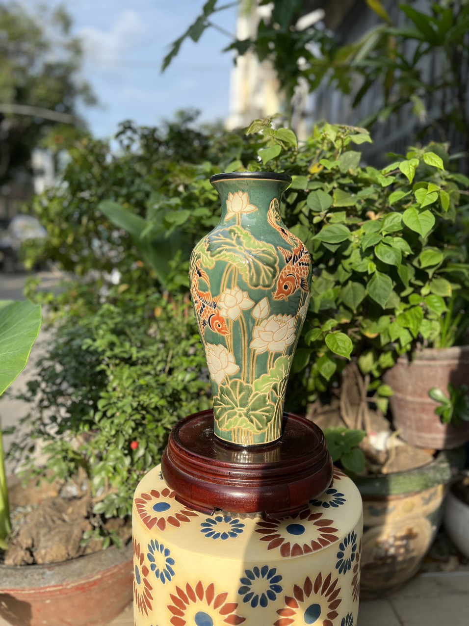 BÌNH BÁCH HOA & SEN CÁ DÁNG THON 37CM GỐM SỨ THỦ CÔNG NAM BỘ