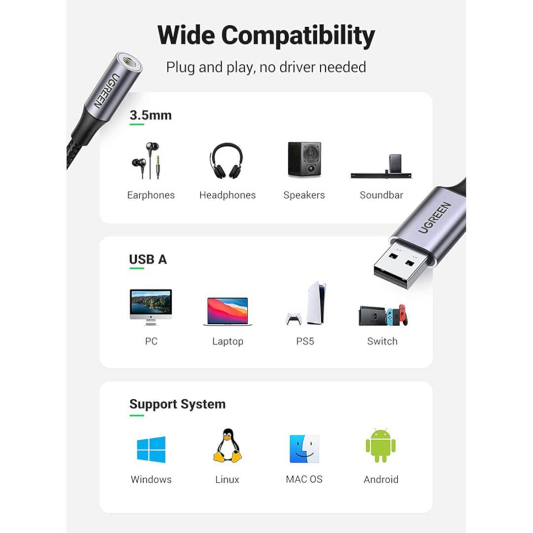 Ugreen UG30757CM477TK 25cm USB 2.0 to 3.5mm Audio Adapter Aluminum Alloy Dark Gray Support Mic TRRS Headphone DAC Chip - HÀNG CHÍNH HÃNG