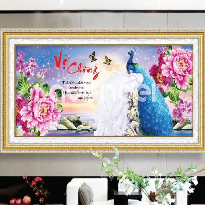 Tranh thêu vợ chồng công hoa mẫu đơn LV3182 - kích thước: 83 * 43cm.