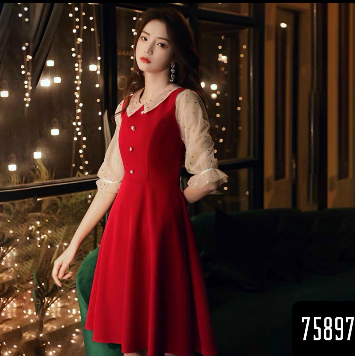 VÁY ĐẦM XÒE DỰ TIỆC MÀU ĐỎ CỔ VE TAY PHỐI LƯỚI ĐÍNH SAO MAY MẮN SIZE TỪ 40-70KG