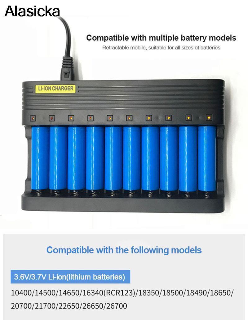 Bộ sạc pin 10 khe cắm 18650 Đầu ra EU USB Sạc pin lithium thông minh 14500 16350 18500 Bộ sạc pin sạc Li-ion Màu sắc: Đen