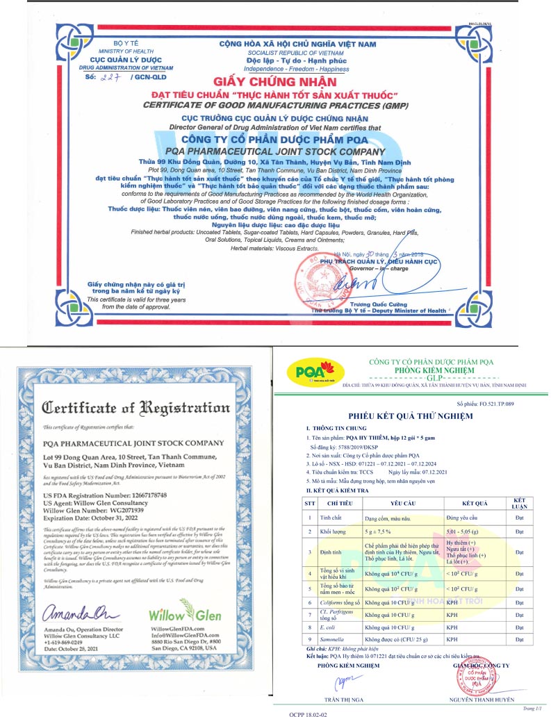 PQA Hy Thiêm là dược phẩm thảo dược giúp bổ huyết,mạnh gân cốt, hỗ trợ đau nhức xương khớp cho người bị phong thấp, đau nhức xương khớp.