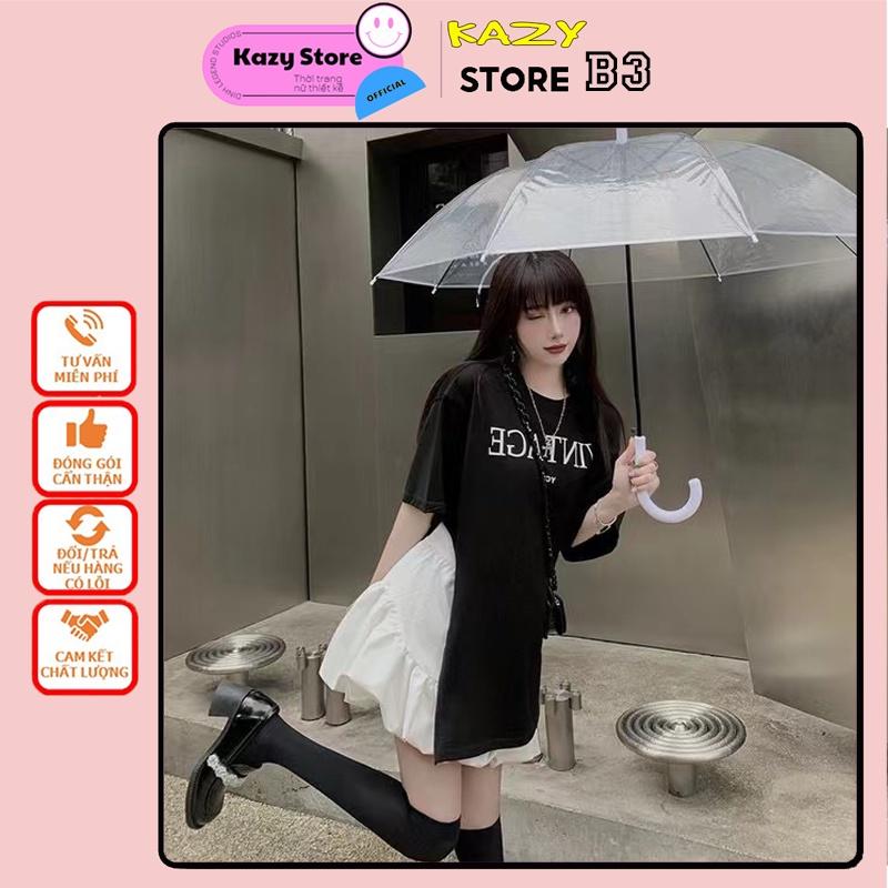 Áo thun nữ form rộng xẻ tà, Set áo chân váy bồng bềnh cạp chun KAZY STORE B003