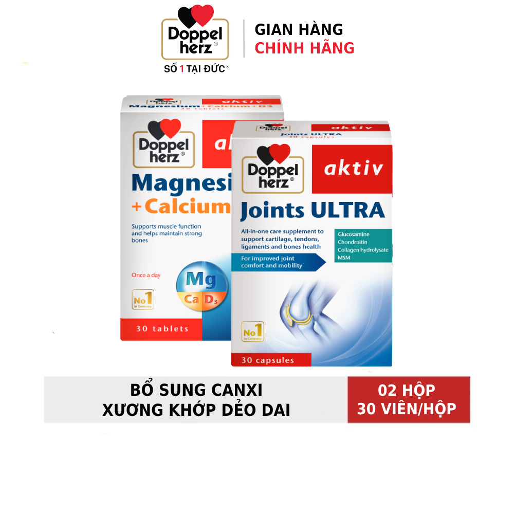 Bộ đôi bổ sung Canxi phòng ngừa loãng xương, cải thiện chức năng khớp Doppelherz Magnesium Canxi D3 + Joints Ultra