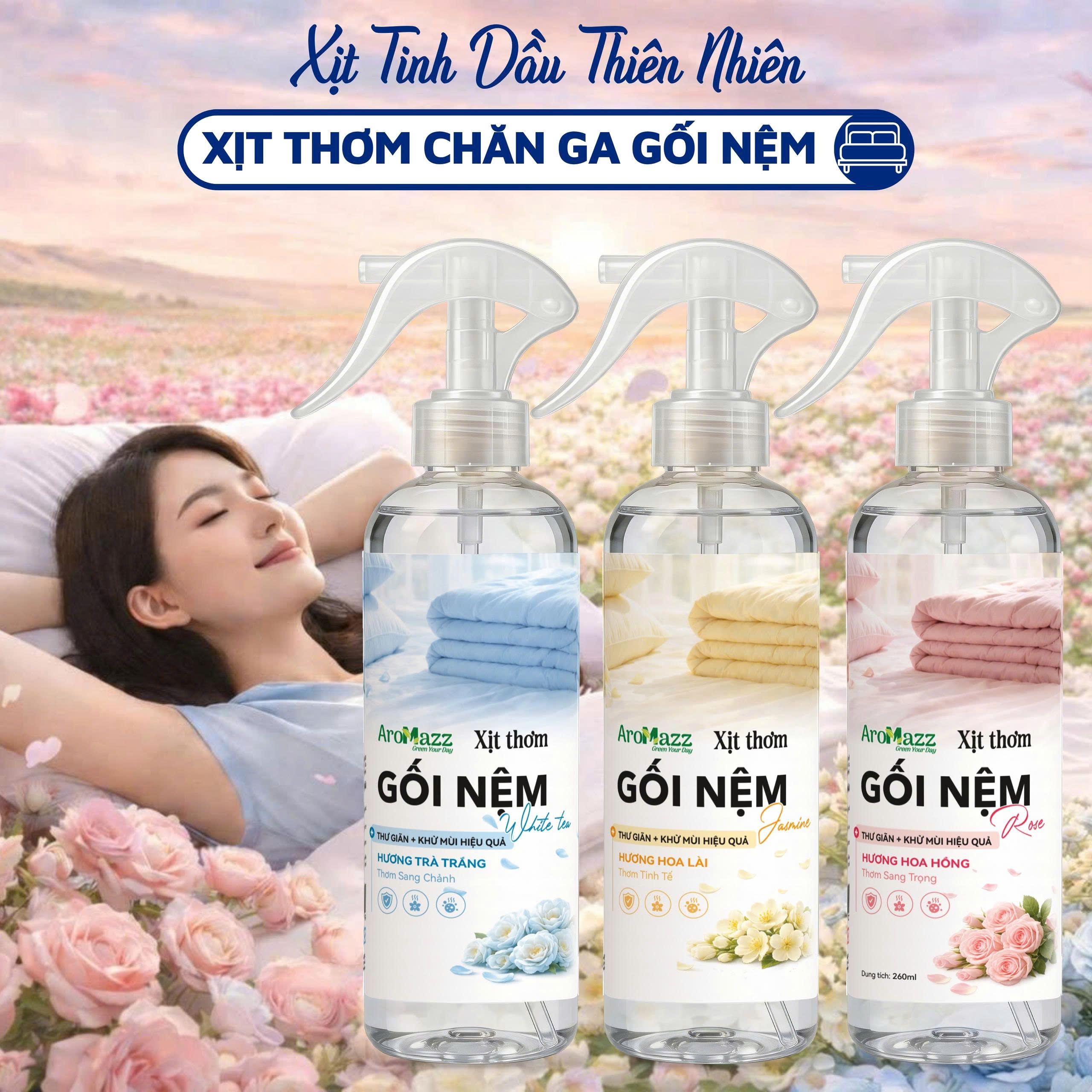 Xịt Thơm Chăn Ga Gối Nệm AroMazz, Khử Mùi Chăn Ga Gối Nệm Thư Giãn Ngủ Ngon Thành Phần Lành Tính An Toàn Sử Dụng Hàng Ngày
