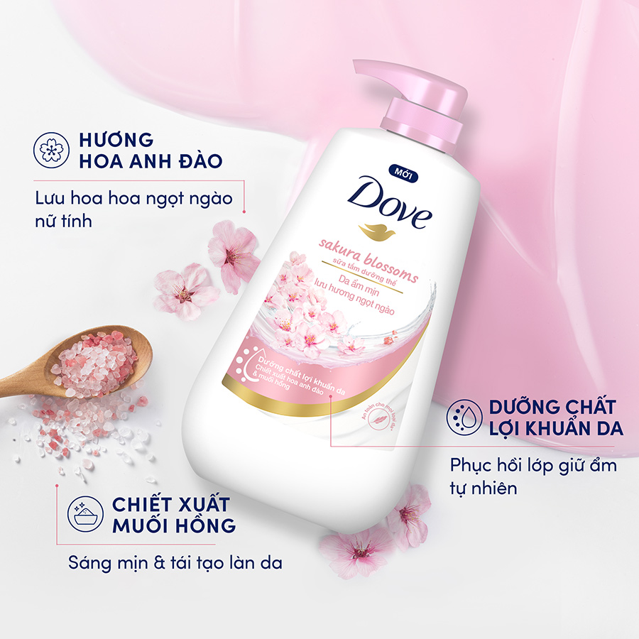 Sữa tắm dưỡng thể Dove Sakura Blossoms Da mềm mịn hương hoa với hương hoa anh đào &amp; muối hồng 500g