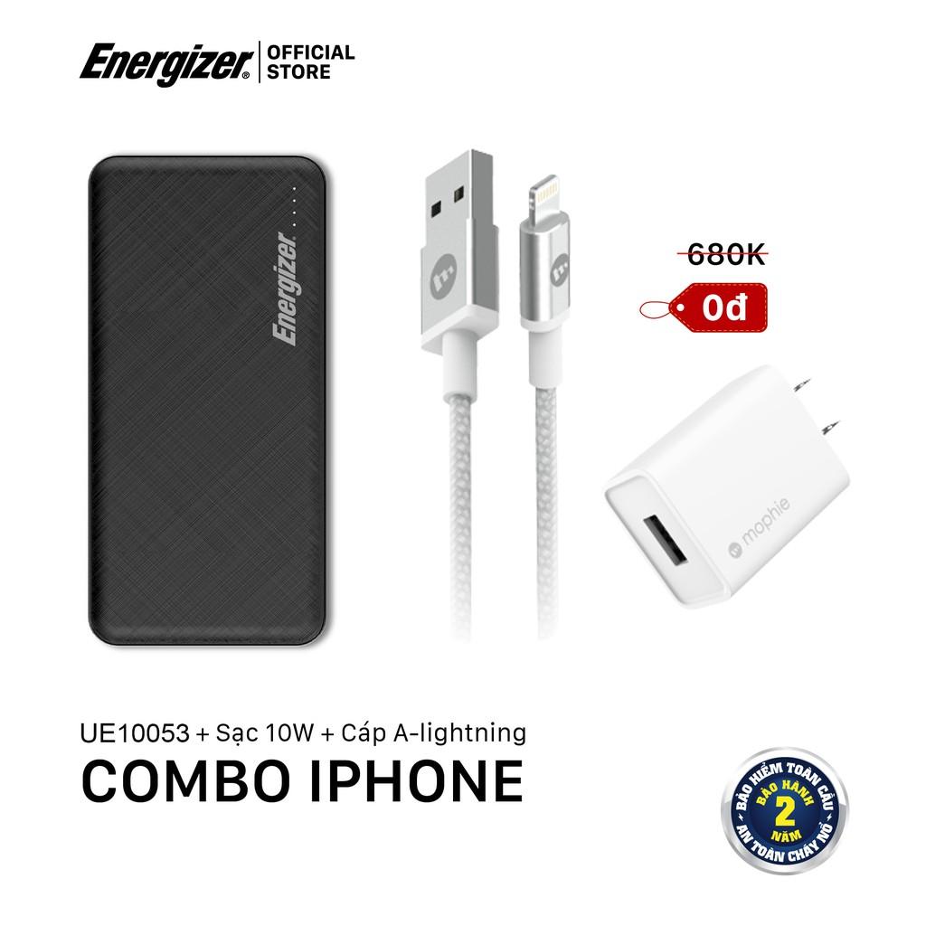 Combo sạc dự phòng Energizer 10,000mAh UE10053 - sạc Mophie 10W - cáp Mophie A to Lightning 1M - Hàng Chính Hãng