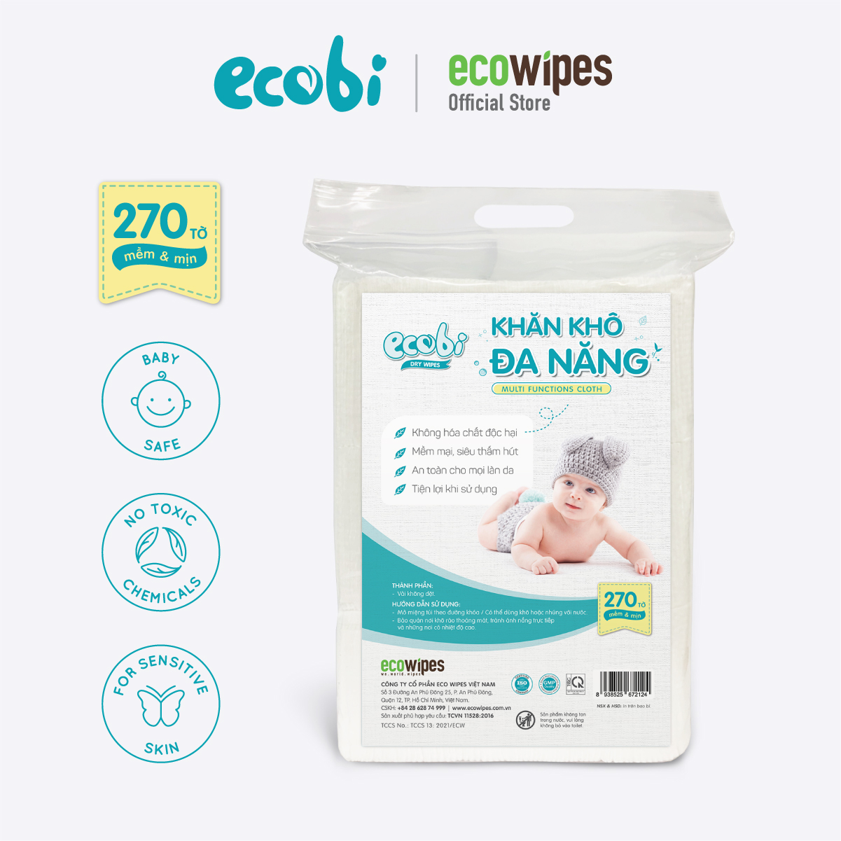 KHĂN KHÔ ĐA NĂNG ECOBI 270 tờ - Dùng thay khăn sữa, an toàn cho trẻ sơ sinh