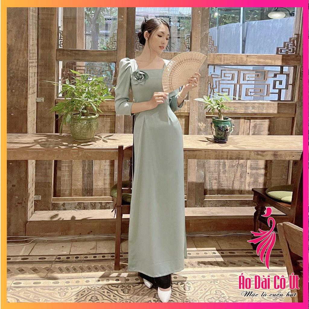 Áo dài nữ lụa tây thi cổ vuông tay bồng ngọc đính hoa