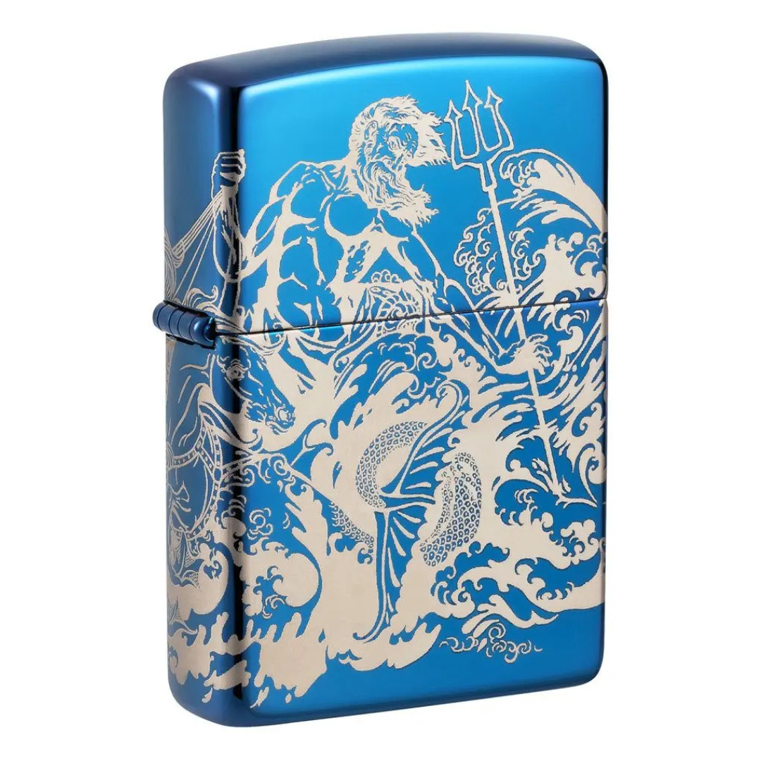 Bật lửa Zippo Atlantis Design - Thiết Kế Thần Biển Poseidon In Tràn Viền 360 Độ, Vỏ High Polish Blue Chính Hãng Mỹ