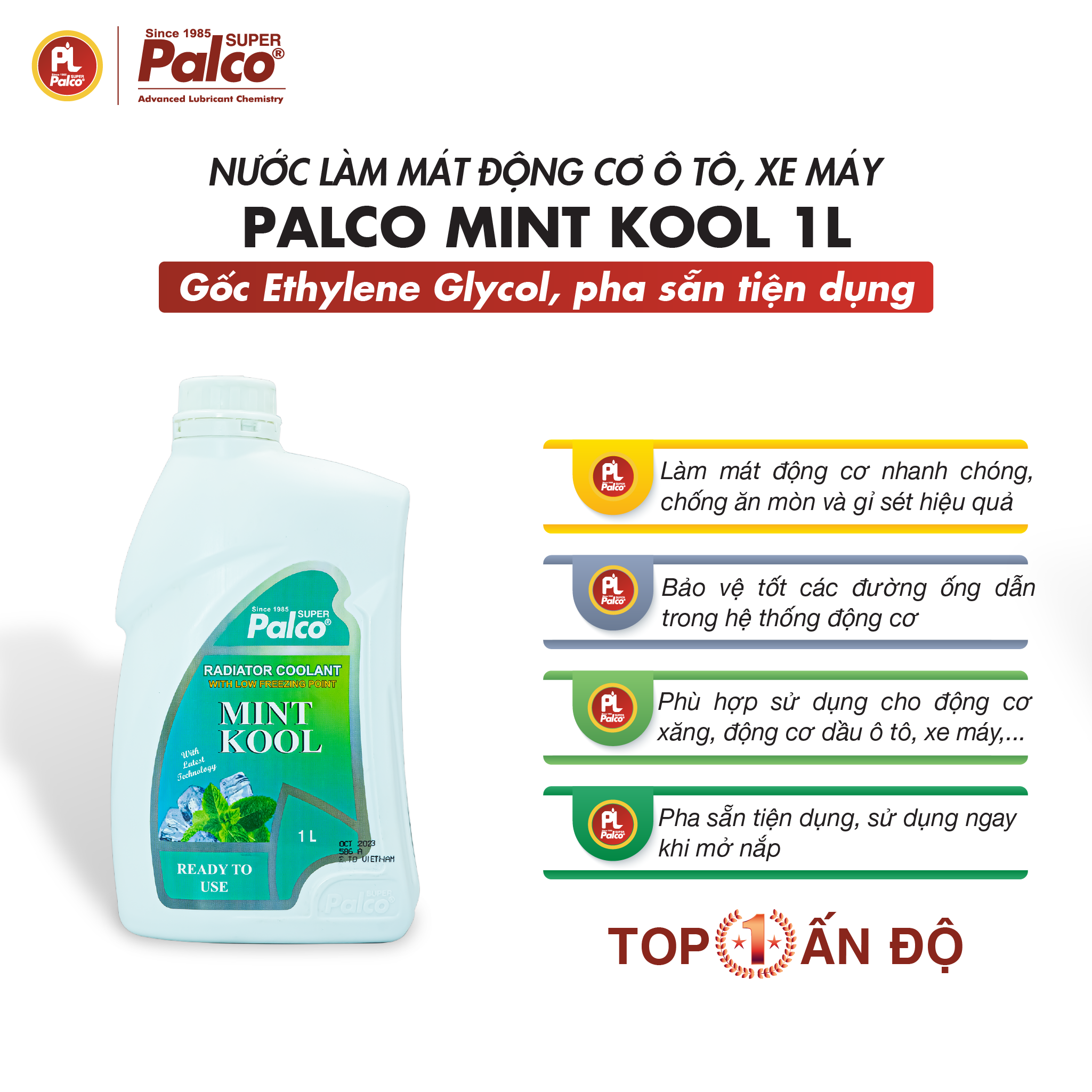 Nước làm mát động cơ ô tô, xe máy PALCO Mint Kool - Chai 1L pha sẵn - Nhập khẩu Ấn Độ