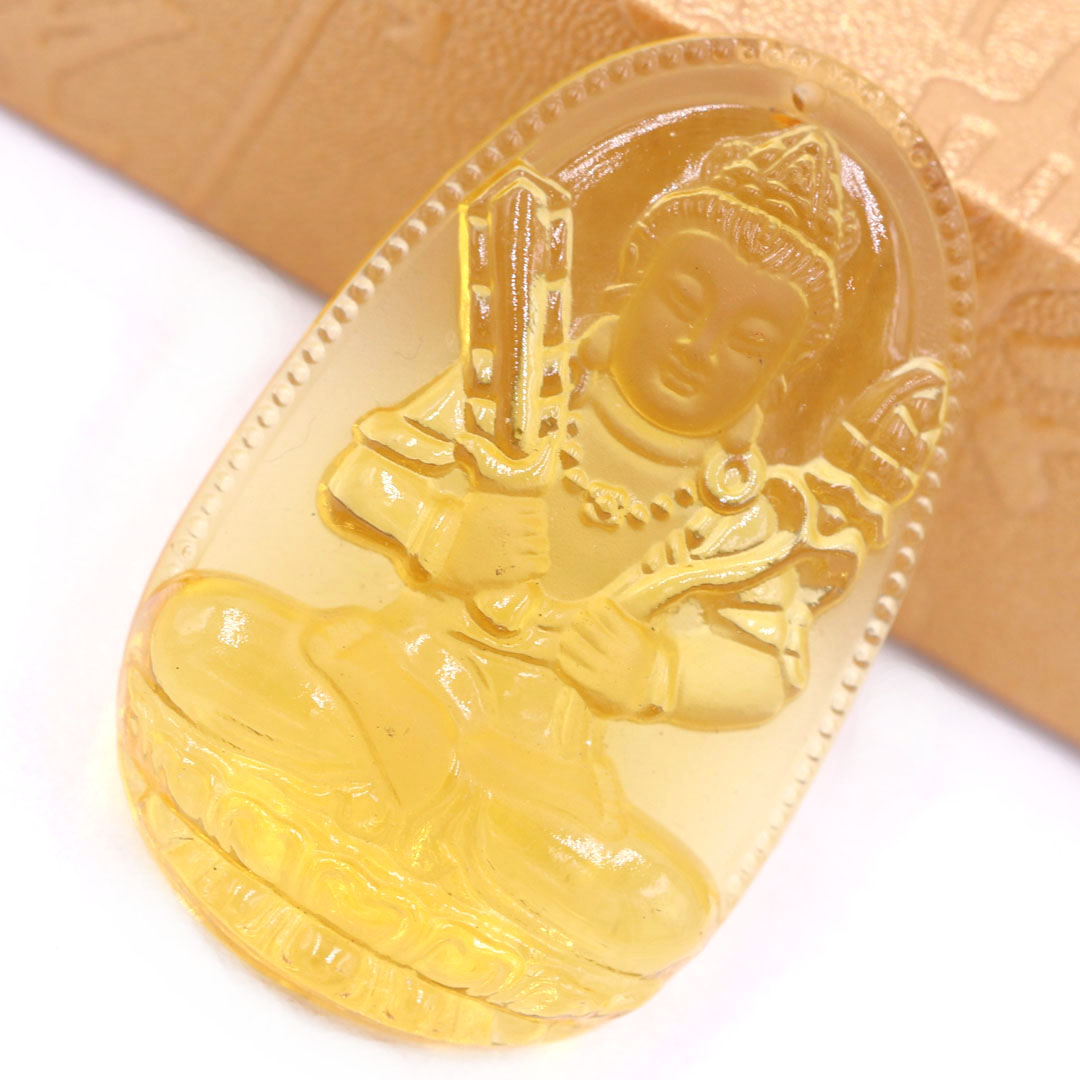 Mặt Phật Hư không tạng thuỷ tinh vàng 3.6 cm kèm móc và vòng cổ dây cao su đen, Mặt Phật bản mệnh