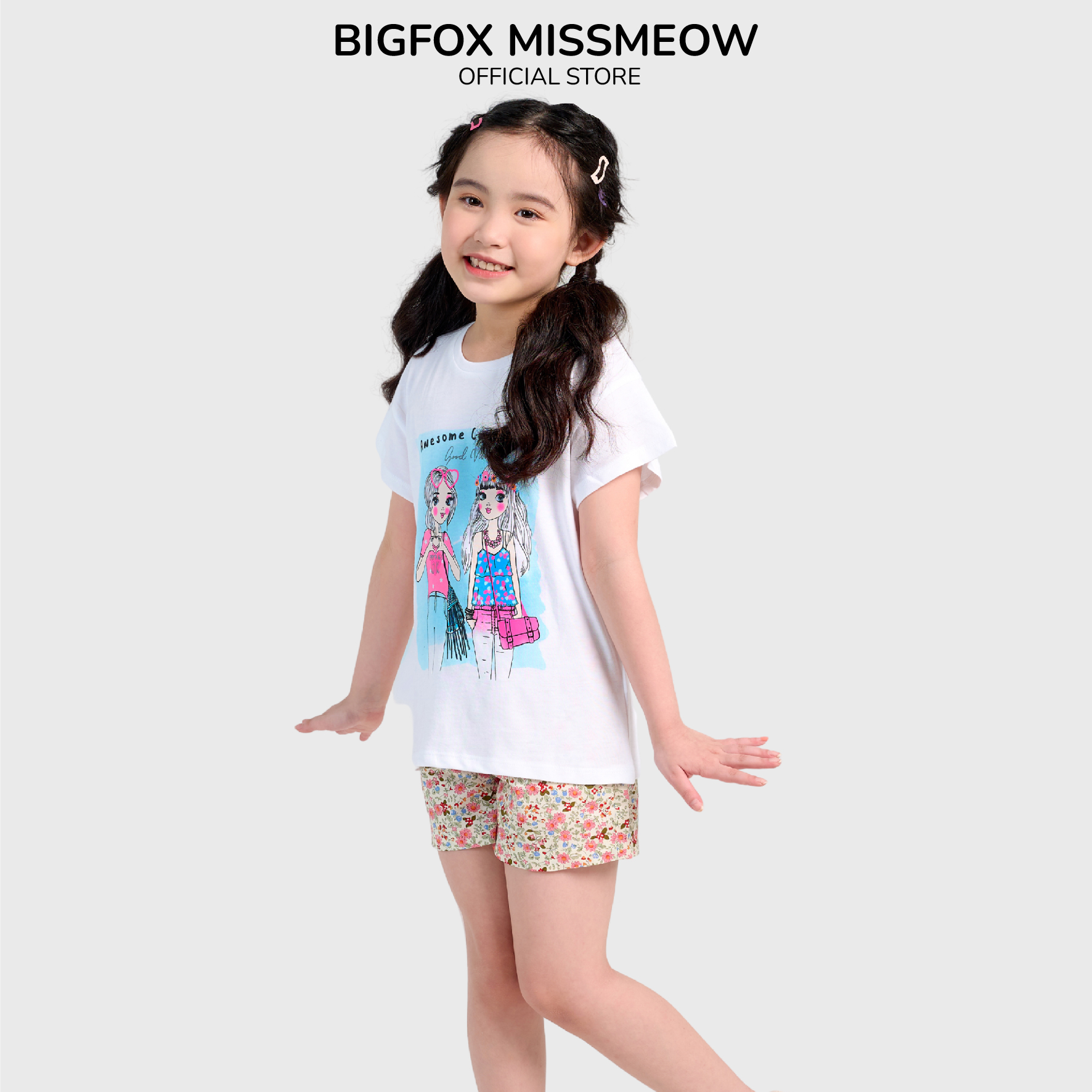 Bộ Quần Áo Bé Gái Size Đại Bigfox Miss Meow Mùa Hè Kiểu Hàn Quốc Vải Cotton In Hai Cô Gái Dễ Thương Cỡ 3-11 Tuổi 30kg 40kg