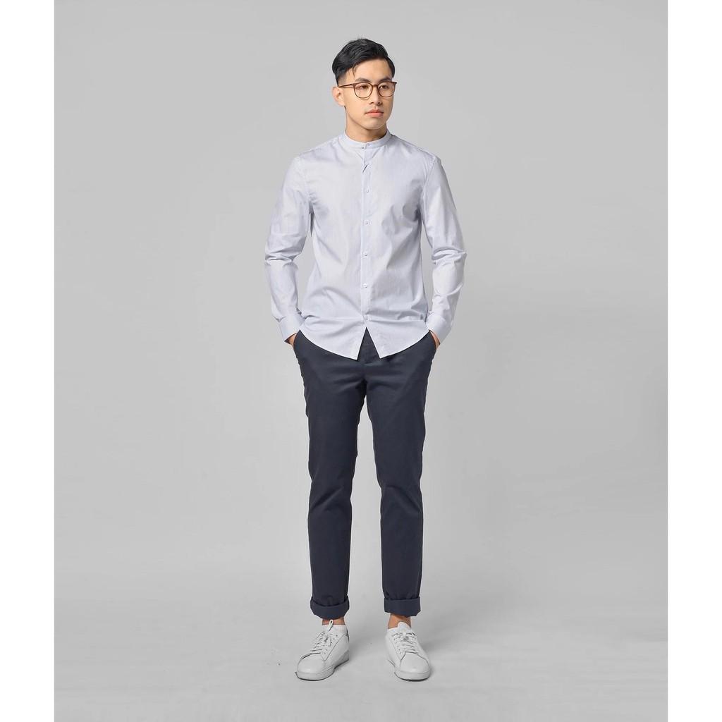 Áo Sơ mi cổ trụ nam màu trắng kẻ sọc xanh navy form fitted - 10F20SHL025 - Shop LASTORE