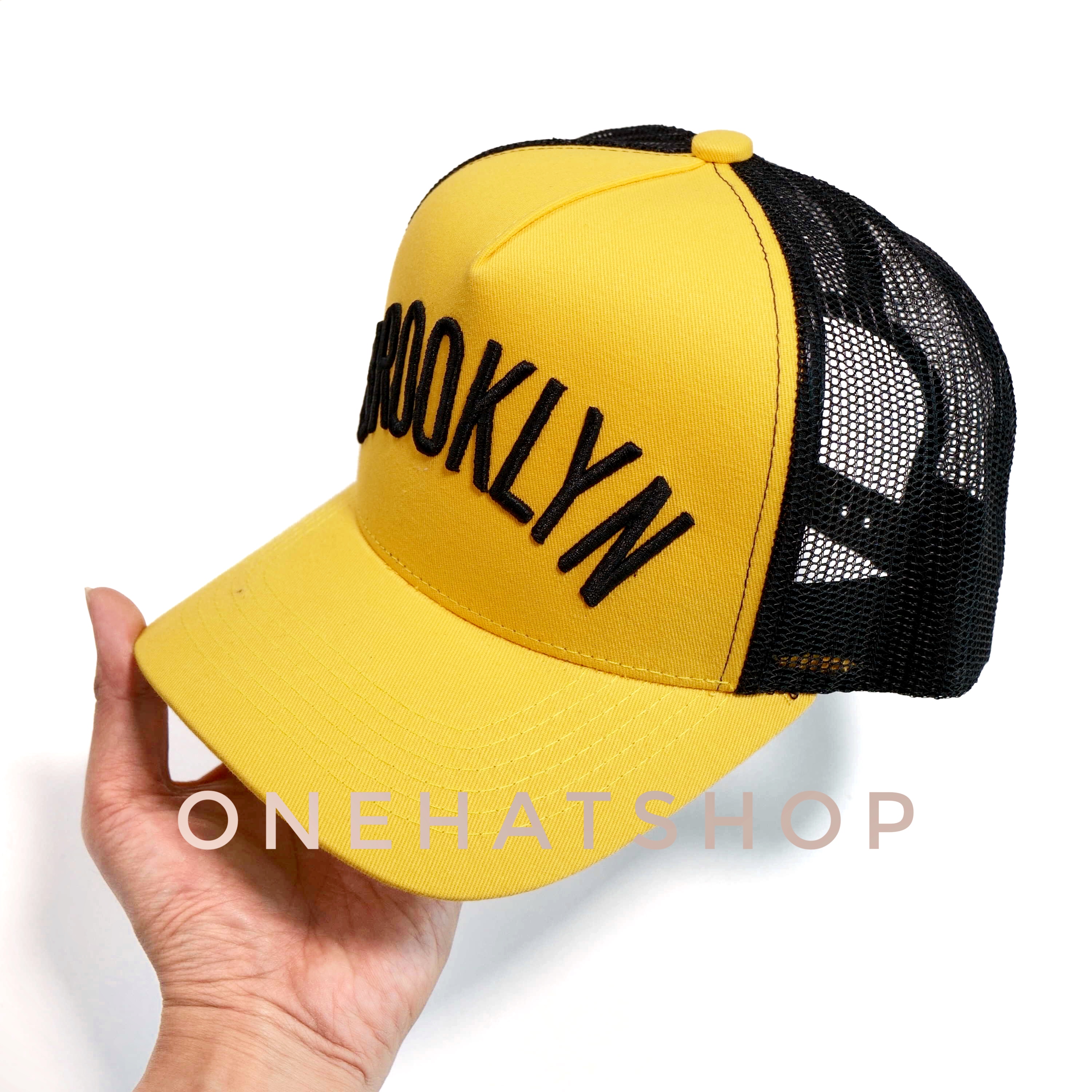 Nón kết đẹp fom trucker vải vàng - lưới Logo Brooklyn Brand One Hat