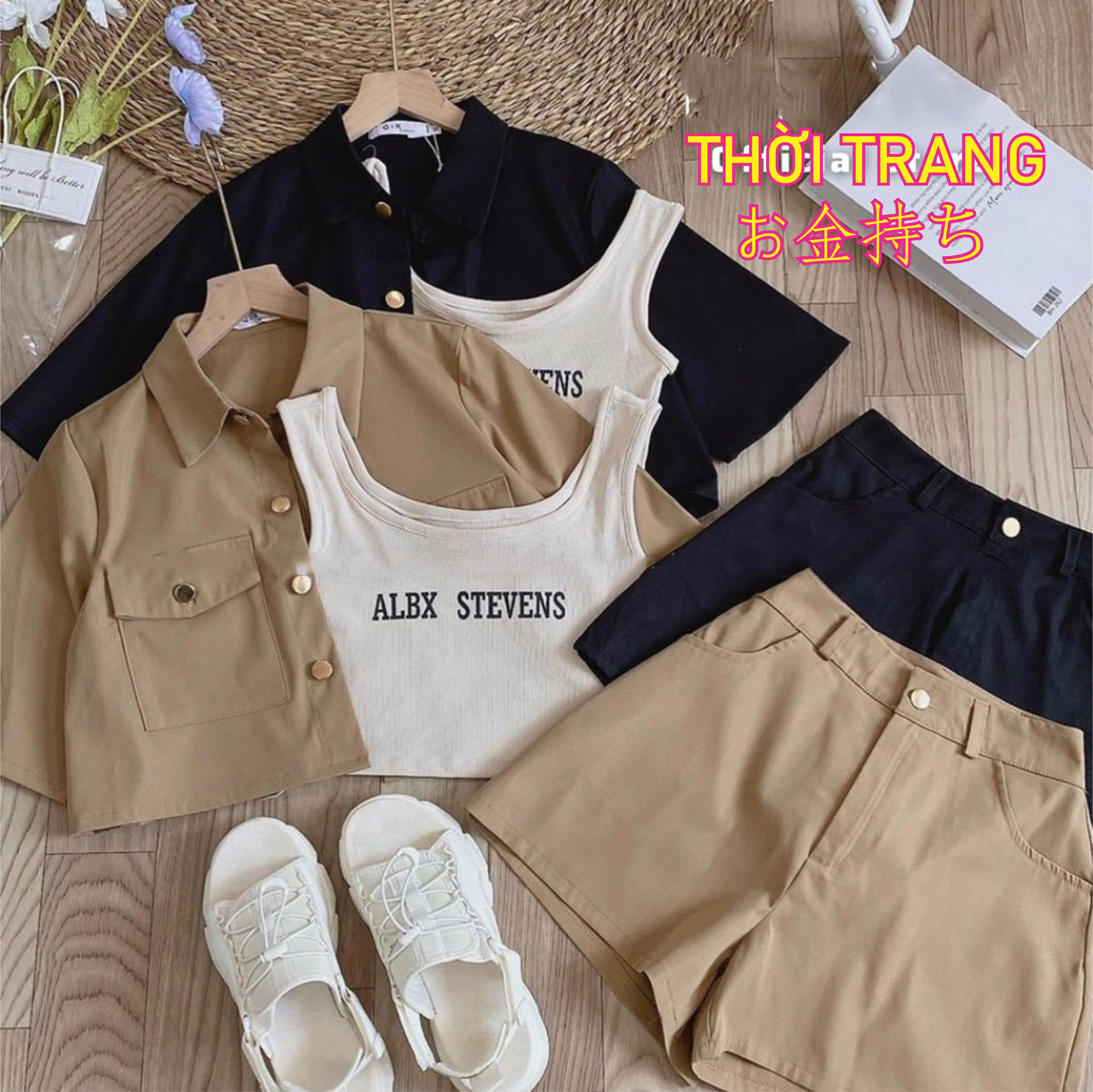 Set bộ 3 món áo khoác tay lỡ ,quần short chất liệu kaki kèm áo thun ba lỗ croptop 182