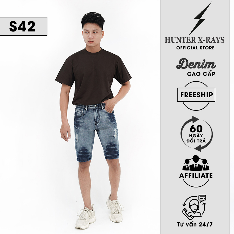 Quần Short Jeans Nam Cao Cấp HUNTER X-RAYS Form Slimfit Cotton màu Xanh Rách S42