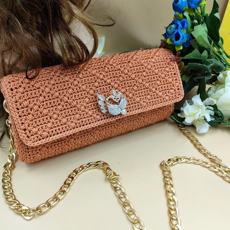 Set nón và túi xách handmade thời trang siêu xinh-Nón vành rộng họa tiết rẽ quạt và túi nhỏ dây đeo màu cam