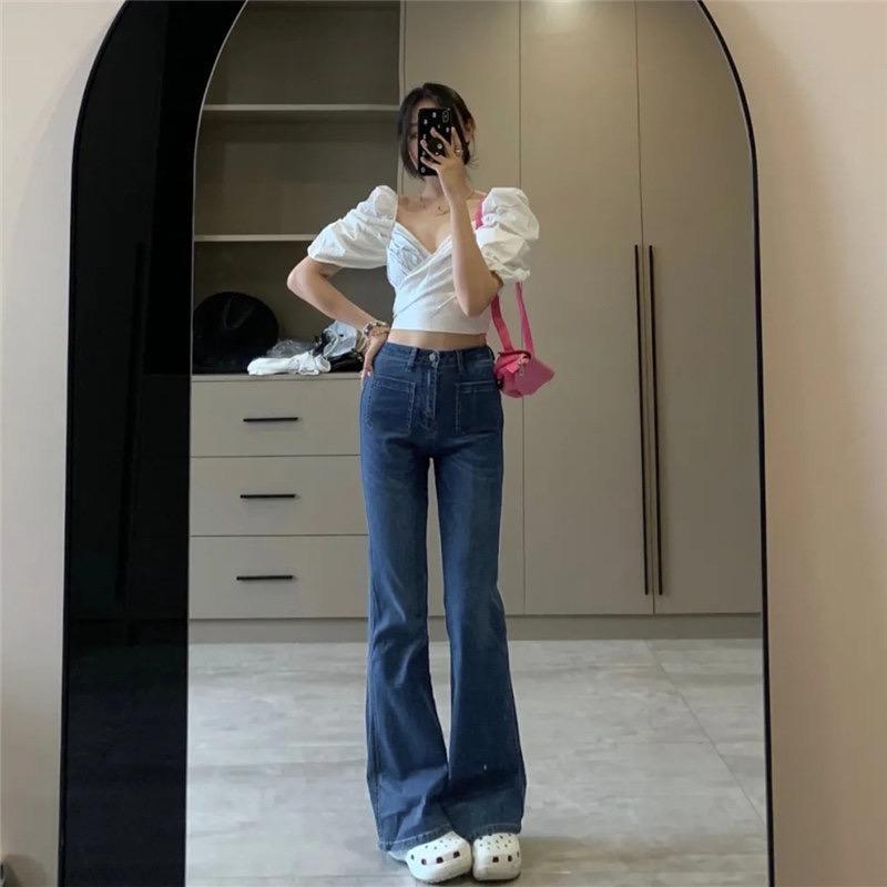 MS937 Quần jeans nữ cạp cao 2 túi trước ống loe hack dáng chân dài - Xanh