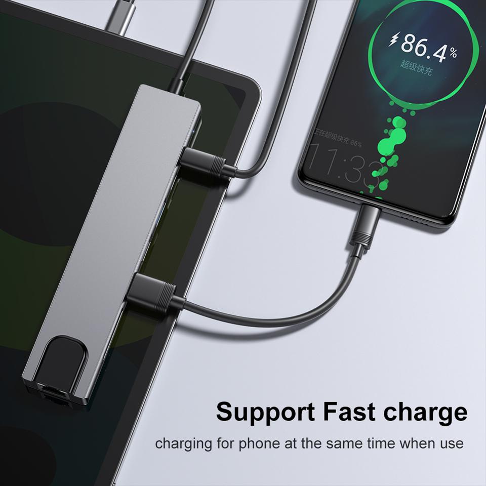 Bộ Chia USB 3 0 USB Type C 3.0 Hub USB C Bộ Chia Loại C Sang HDMI Đầu Đọc Thẻ 8 Trong 1 PD RJ45 Cho Phụ Kiện Máy Tính