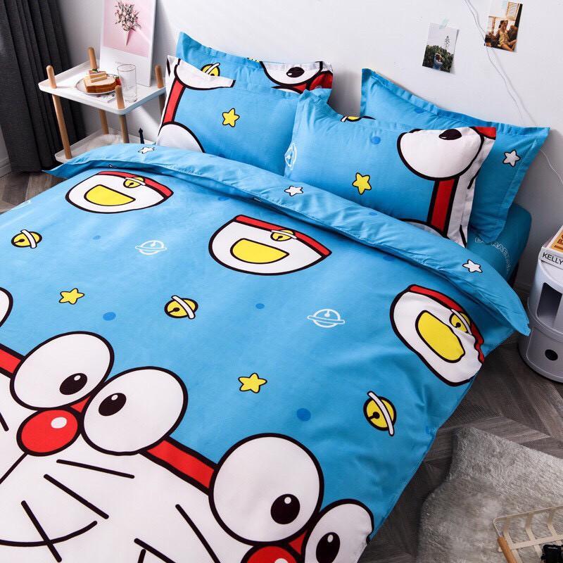 Bộ chăn ga Cotton Poly mẫu mới mặt cười ddoorremon đáng yêu - Hàng nhập khẩu