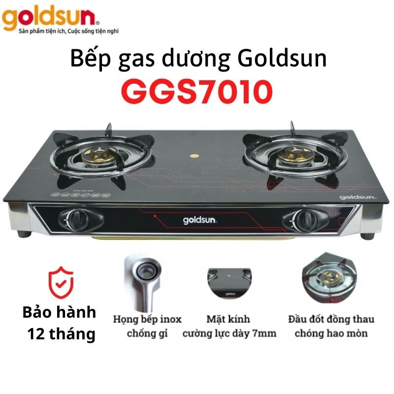 Bếp Gas Dương Goldsun GGS7010 Mặt Kính Cường Lực Đầu Đốt Đồng Nguyên Chất - Hàng chính hãng