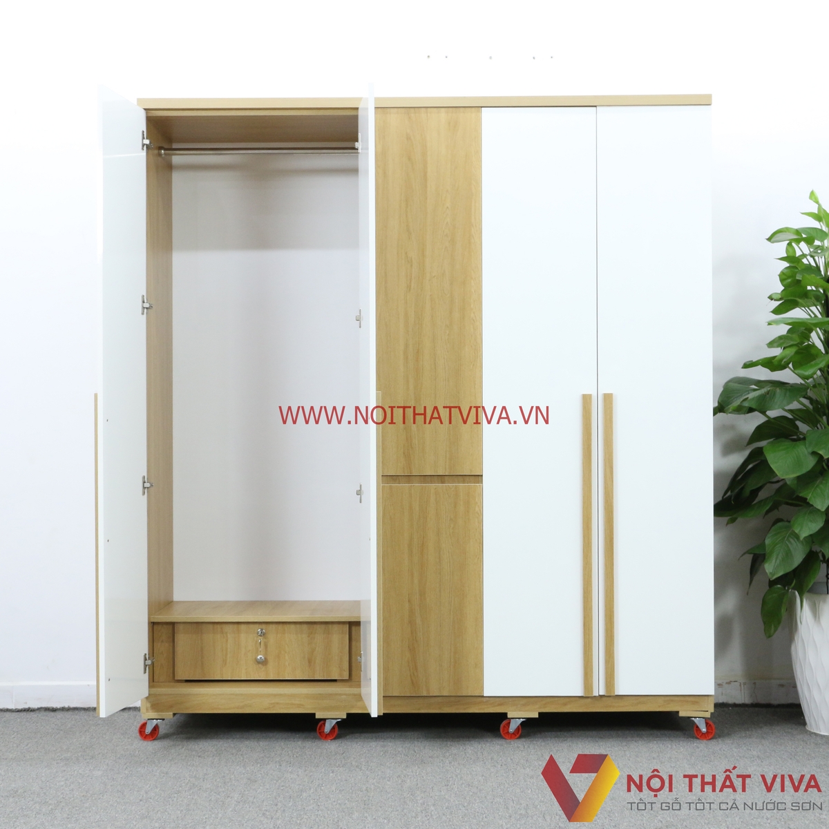 Tủ Quần Áo Gỗ MDF Melamine 5 Cánh Màu Vàng Phối Trắng Đẹp Sang Trọng