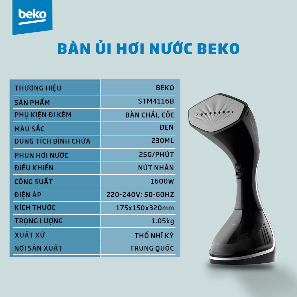 Bàn Ủi Hơi Nước Cầm Tay BEKO 1600W Mặt Đế Ceramic Chống Dính Có Màn Hình Led, Loại Bỏ Vi Khuẩn Trên Quần Áo - STM4116B - Hàng Chính Hãng