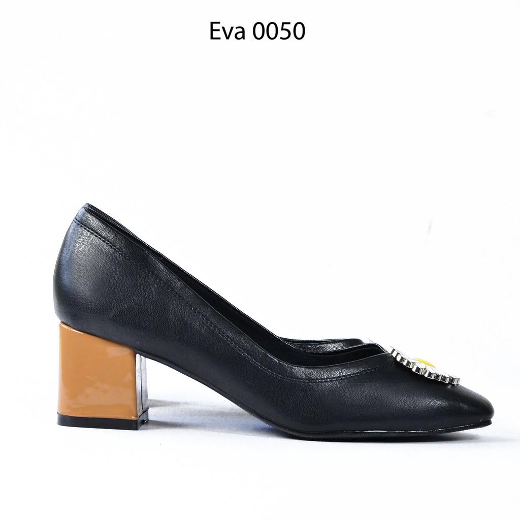 Giày Cao Gót Đế Vuông Nơ Hoa Cúc Da PU 5cm Evashoes - Eva0050