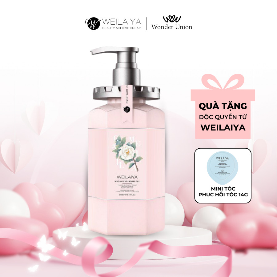 Sữa tắm trắng da hoa trà, làm sạch da toàn thân Niacinamide Weilaiya thơm lâu phù hợp cho mọi loại da 450ml