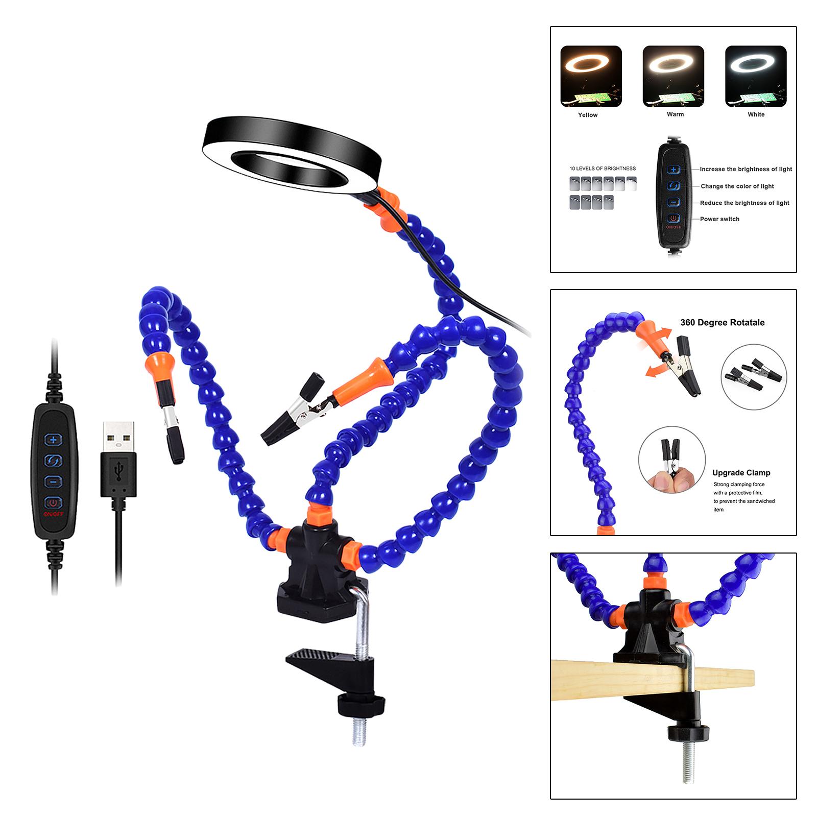 Helping Hand Third Hand Soldering Tools Flexible 360° Stainless Steel Arms 3X Magnifying Lamp with Heavy Duty Aluminum Base and Rotary Clips for PCB