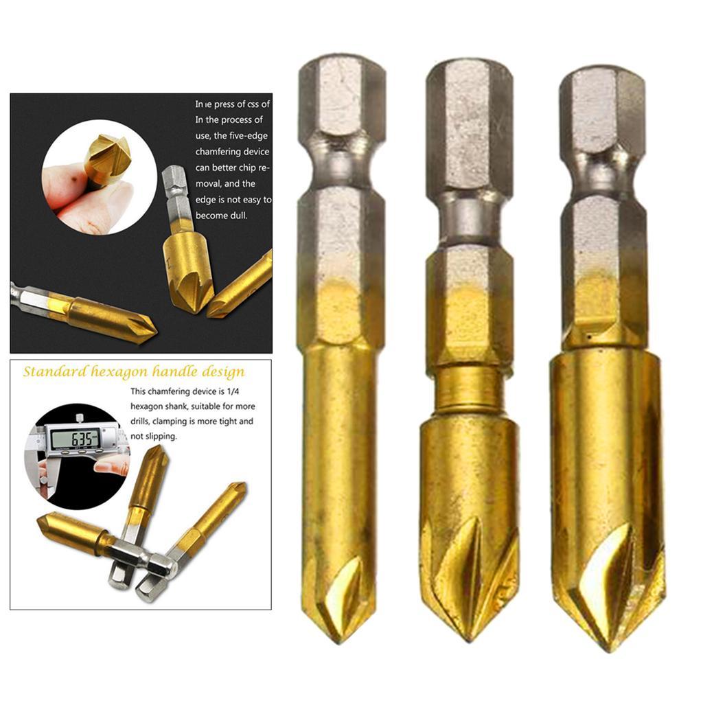 HSS Countersink Drill Bit 90 Degree 5 Flute Chamfer Tool Countersinking Bits Hole Cutter Chamfering Drill Bit 1/4" Hex Shank Wood Drilling Bits