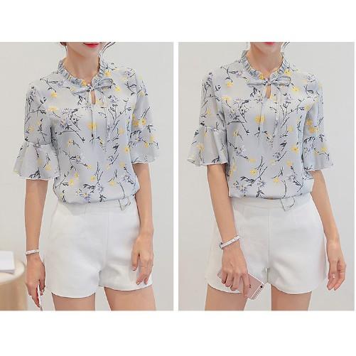 Sơ mi công sở, đi chơi tay bèo, tay lơ cổ nơ chất Voan họa tiết hoa siêu đẹp mặc mát mẫu mới 2021