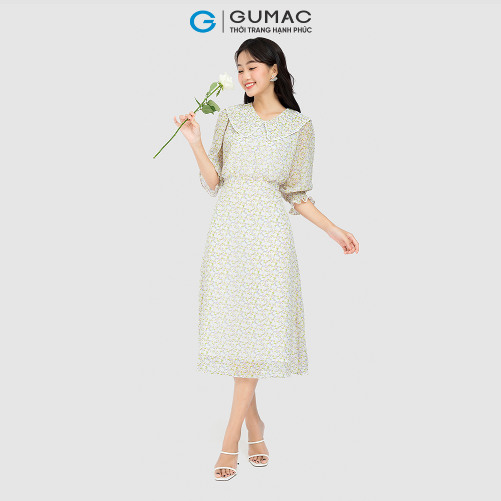 Đầm maxi bâu GUMAC DC08072 viền ren họa tiết hai lớp màu xanh