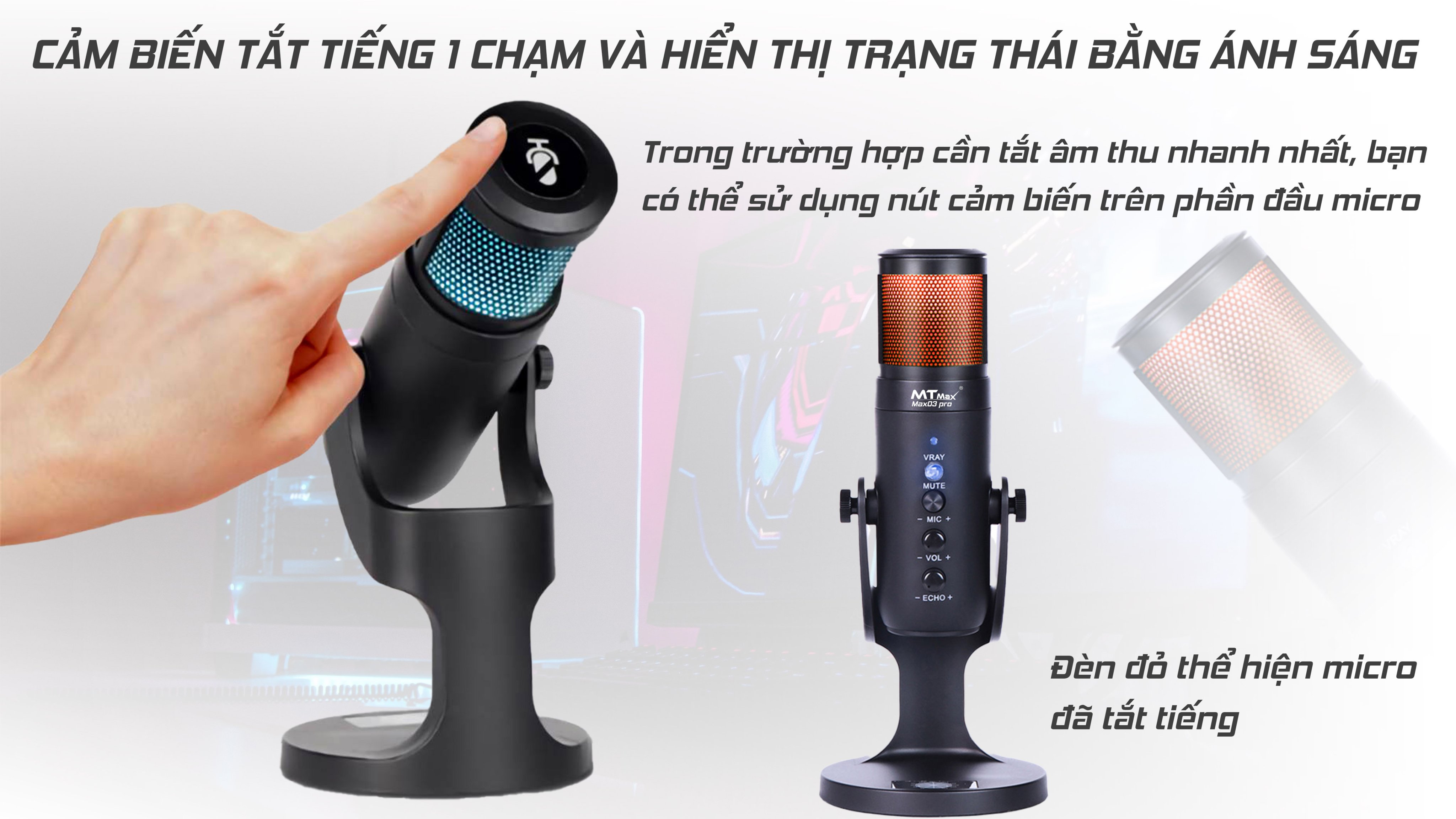 Micro thu âm mtmax max03 pro micro hoàn hảo cho streamer, nhà sáng tạo nội dung có echo kèm hiệu ứng đèn lọc tạp âm tốt độ nhạy cao phù hợp nhiều phần mềm hàng chính hãng