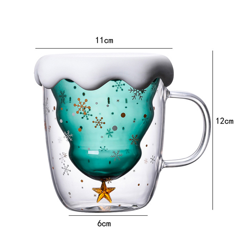 Ly thủy tinh giáng sinh chịu nhiệt Borosilicate 2 lớp có nắp kiểu dáng cây noel