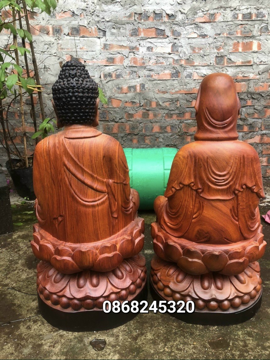 COMBO CẶP TƯỢNG PHẬT ADI ĐÀ VÀ PHẬT BÀ QUAN ÂM BỒ TÁT BẰNG GỖ HƯƠNG ĐÁ PU GIẢ CỔ KT CAO 30×15CM