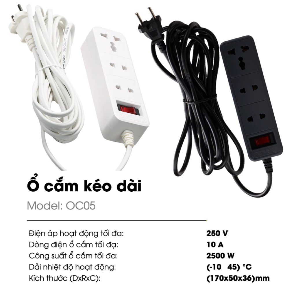 Ổ cắm điện Rạng Đông OC05 3C/10A dây dài 2m và 5m đa năng chịu tải tốt, chịu nhiệt an toàn - Hàng chính hãng